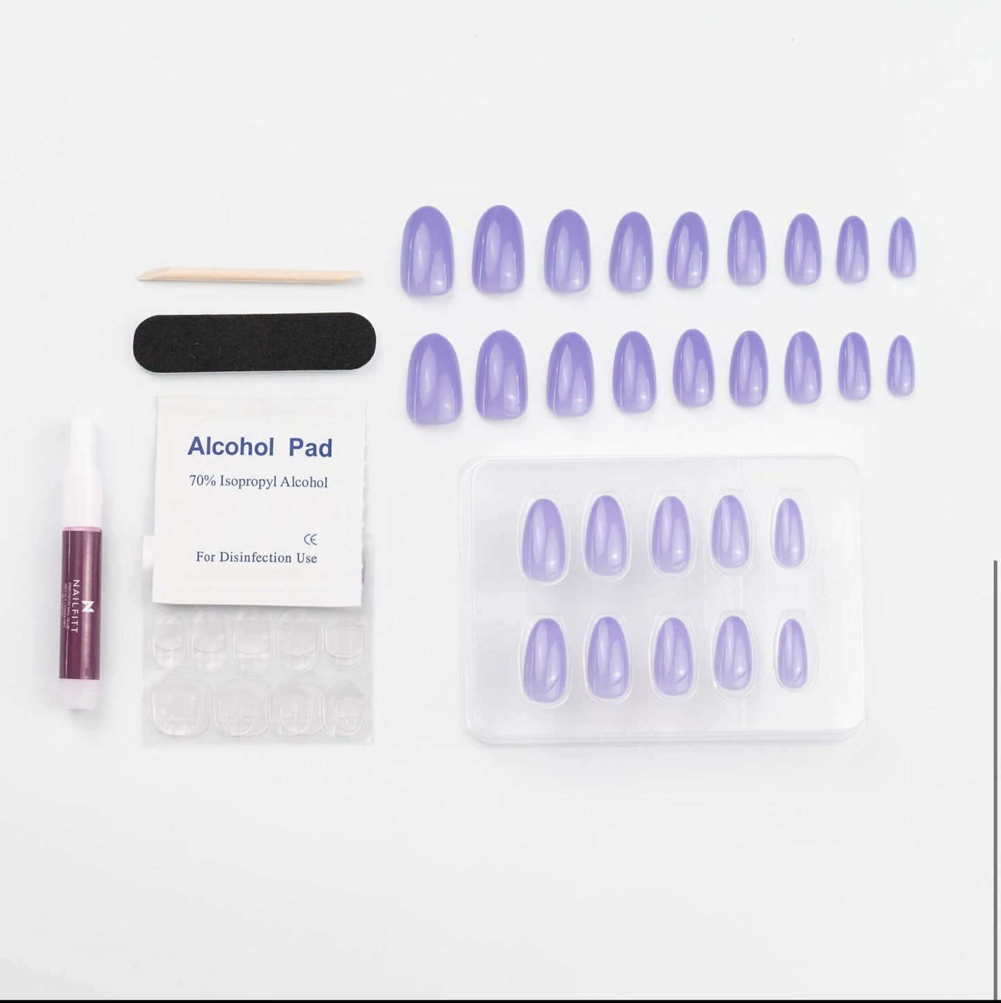 Lavender Haze Press-On Nails Mini Kits includes 24-26 nails, nail buffer, cuticle stick, nail glue and gel stickers