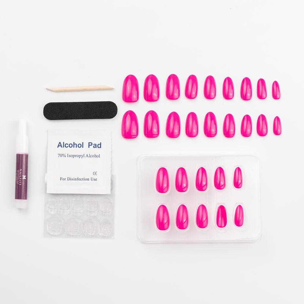 Perfect HOT Pink press-on nails Mini Kit includes 24-26 false nails